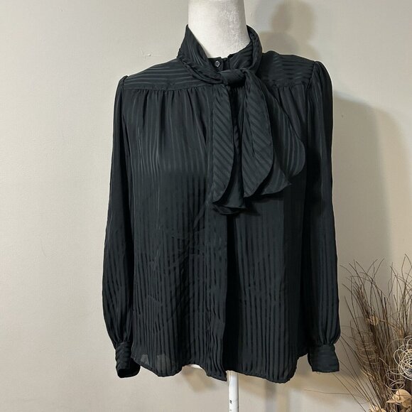 Vtg LA VOGUE Button Up Blouse Top Striped Black Tie Neck Pleated Shoulder Sz 10 - Picture 1 of 5